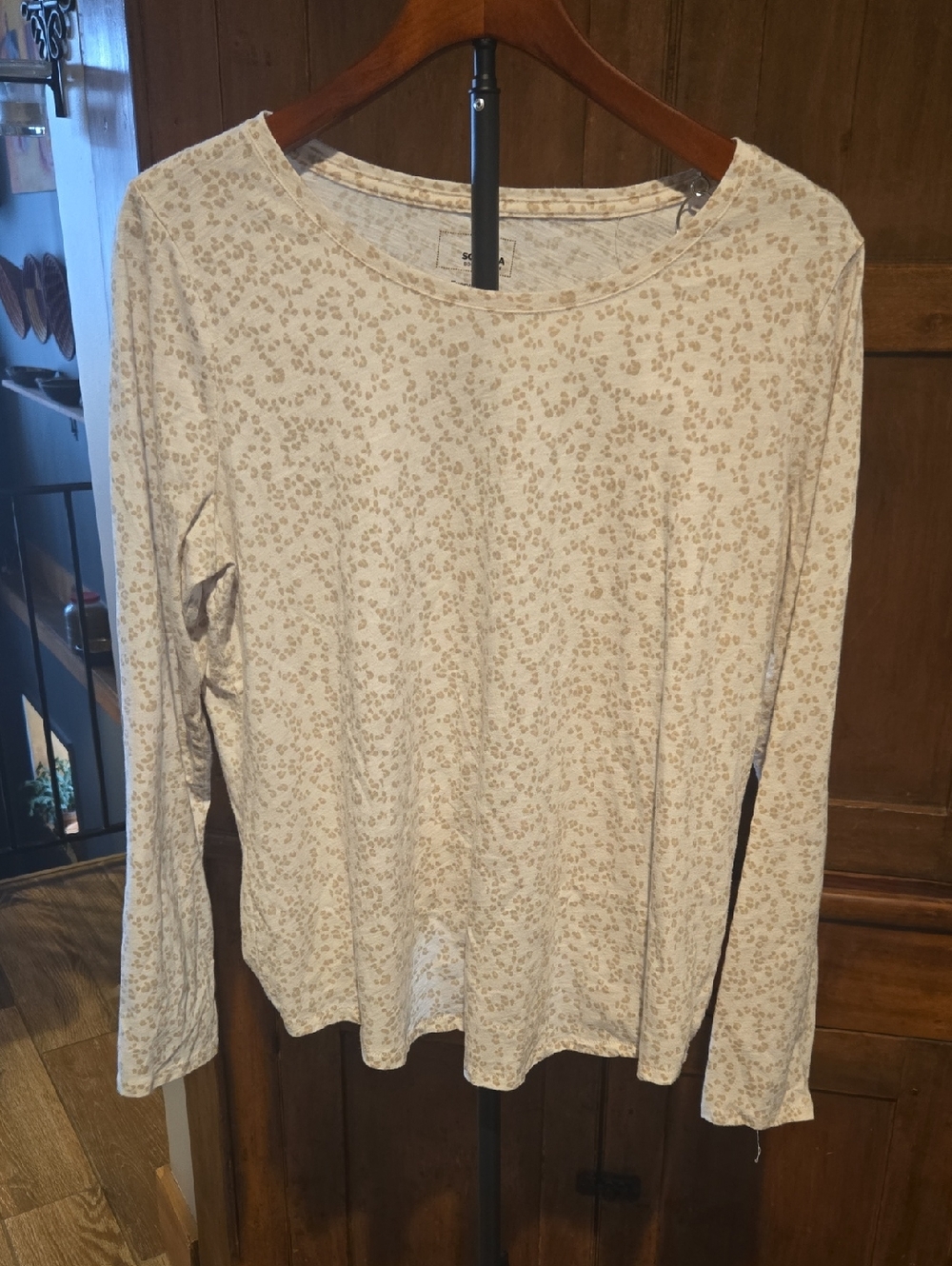 Sonoma Cream Long Sleeve Scoop Neck Top with Tan Mini Floral Print
